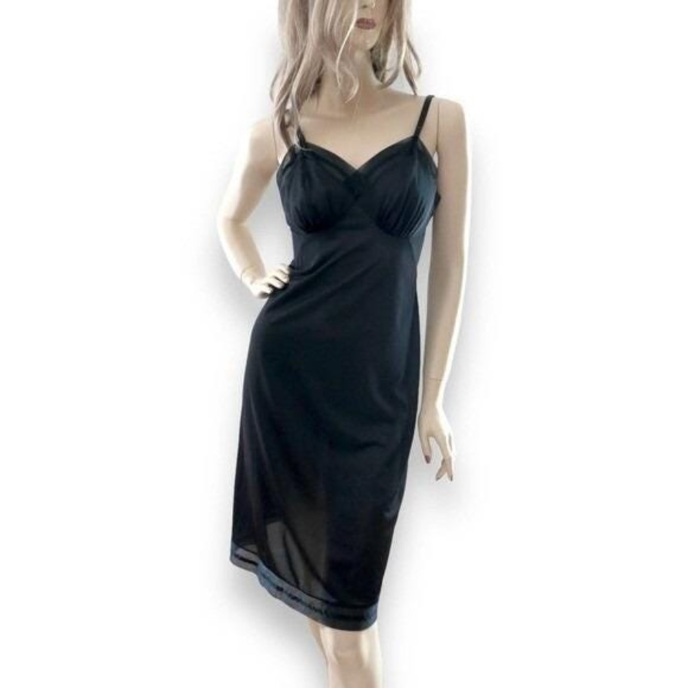 1960s Vanity Fair Black Slip Dress XS Sheer Chiffon Trim Dark Coquette Lingerie